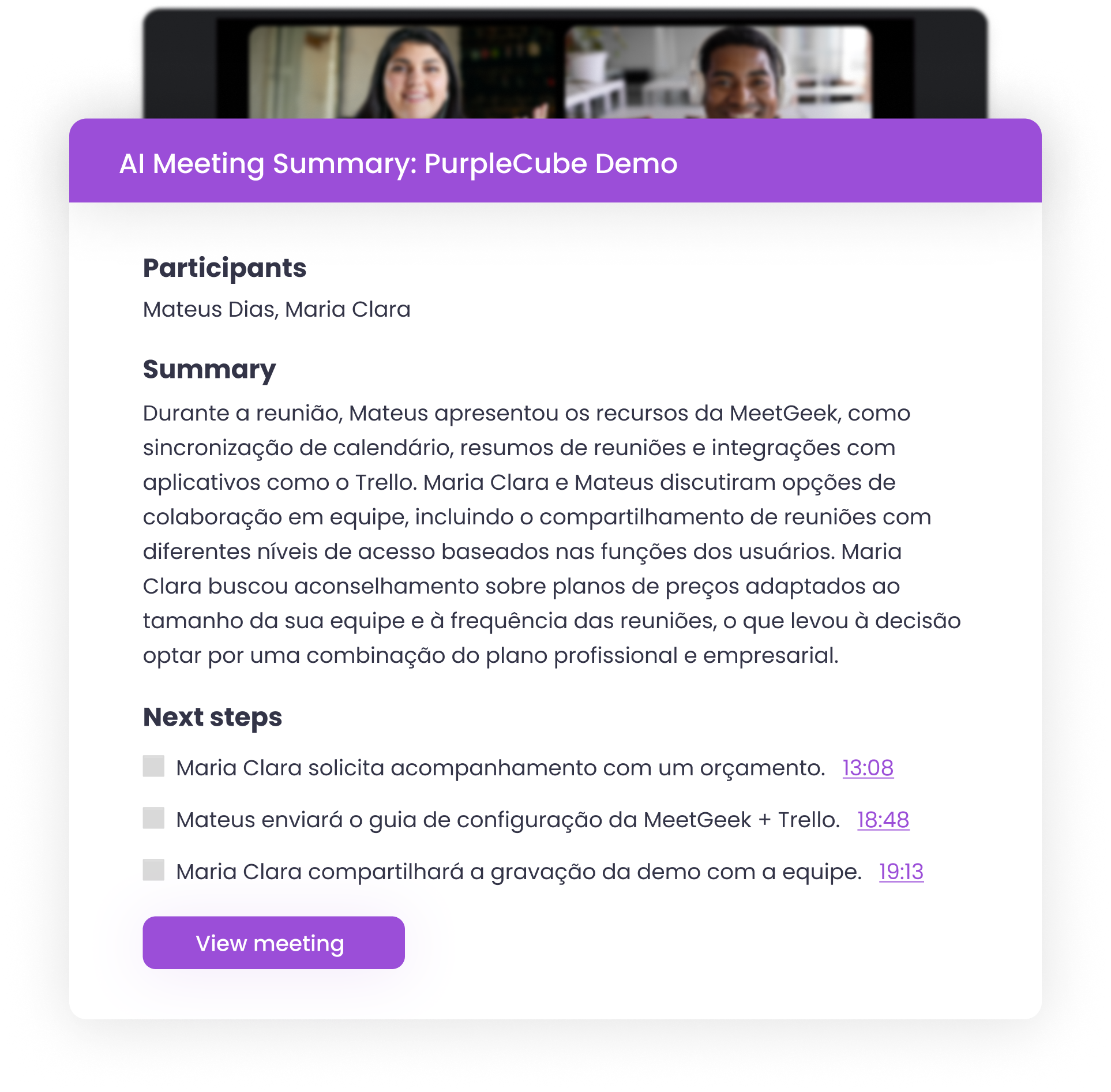 resumo automático de uma reunião online