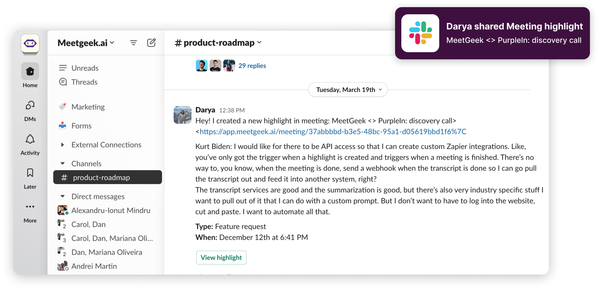 meeting notes synced with slack for async collaboration
